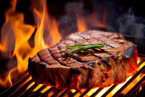 T-Bone steak or Porterhouse on grill with blazing fire flame. Food and cuisine concept. photo