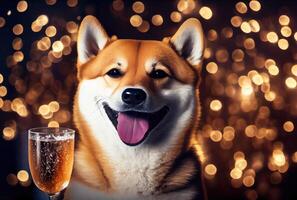 contento shiba inu perro con tostado vino vaso en fiesta y dorado bokeh ligero antecedentes. animal y mascota concepto. digital Arte ilustración. generativo ai foto