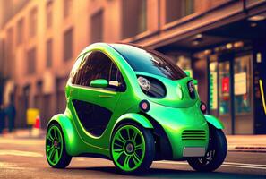 Green future car on the road in the city urban scene at day background. Technology and transportation concept. photo