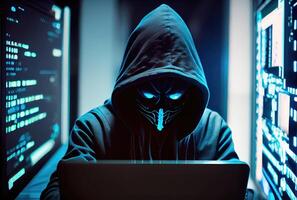 Hacker in the black hood in the server room. Unrecognizable people. Technology and Cybersecurity and Criminal concept. photo