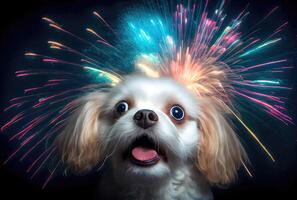 The dog is afraid and shocked by the sound of fireworks with sky background. Pet and animal concept. Digital art illustration. photo