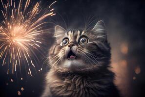 The cat is afraid and shocked by the sound of fireworks with sky background. Pet and animal concept. Digital art illustration. photo