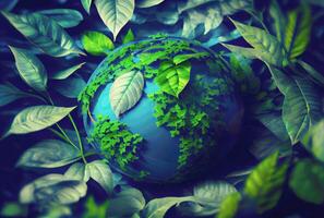 Beautiful Blue globe on the ground with decorating in summer season background. Beauty in nature and World Earth Day concept. photo