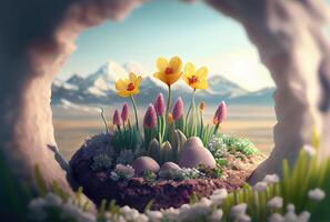 Yellow flowers are blooming from the ground with sky illustration fantasy background. First day of spring and Beauty in nature concept art. photo