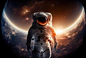 Portrait of astronaut with colorful galaxy in the space. Science and technology concept. Blue earth theme. photo