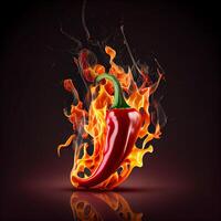 Red chili with burning fire flame on black background. photo