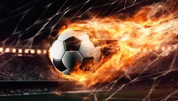 Burning football with fire effect on dark stadium football field background. Sport and leisure game tournament concept. photo