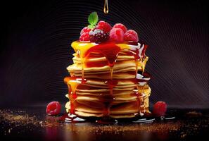 Mixed berries topping pancakes in dish on the dinning table. Sweet dessert and recipe concept. Generative AI photo