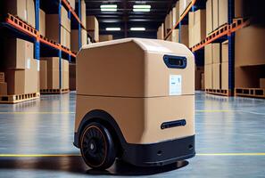 Robot AGV transporting cardboard box in warehouse background. Technology innovation and delivery concept. photo