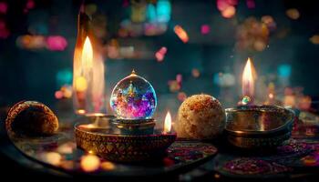 Diwali festival with colorful candles light and bokeh background. Generative AI photo