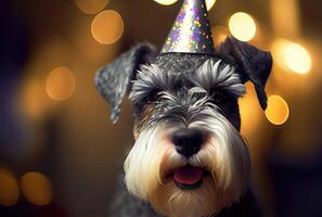 contento Schnauzer perro en fiesta con bokeh ligero antecedentes. animal y mascota concepto. generativo ai foto