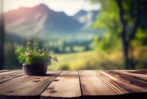 Empty table with blurry green natural park garden or backyard background. Nature and outdoor concept. photo