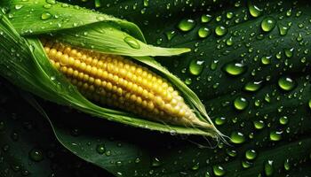 Close up of clean Corn with water drop in dark black background. Fresh fruit and Vegetable concept. Nutrition and vitamin theme. photo