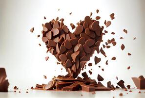 Closeup stacked chocolate heart-shape chunks falling on the white table and cracked. Food and sweet dessert concept. photo