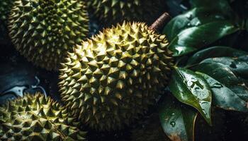 cerca arriba de Durian en oscuro negro antecedentes. Fresco Fruta y vegetal concepto. nutrición y vitamina tema. generativo ai foto