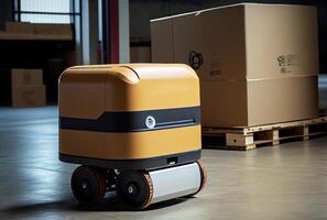 Robot AGV transporting cardboard box in warehouse background. Technology innovation and delivery concept. photo