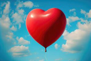 Red balloon in heart shape flying on the air with blue sky background. Valentines day concept. photo