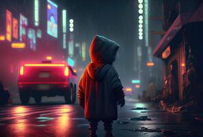 espalda ver de perdido niño estaba en pie en el medio de un calle con capucha disfraz en el cyberpunk oscuro ciudad antecedentes. personas y estilos de vida concepto. digital Arte ilustración. generativo ai foto