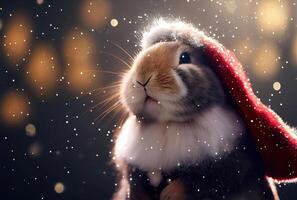 Bunny rabbit in Santa Claus costume and shiny bokeh background. Animal and Holiday concept. photo