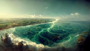 Aerial view of blue ocean sea with sky background. photo