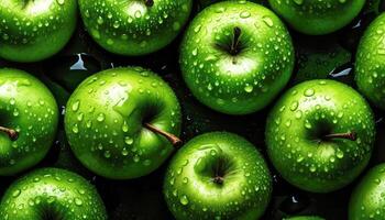 cerca arriba de limpiar verde manzanas con agua soltar en oscuro negro antecedentes. Fresco Fruta y vegetal concepto. nutrición y vitamina tema. generativo ai foto