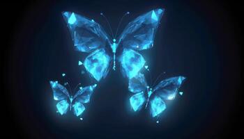 Beautiful glowing blue fractal butterflies abstract on black background. Business transformation innovation and disruption concept. photo