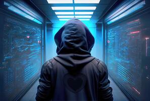 Hacker in the black hood in the server room. Unrecognizable people. Technology and Cybersecurity and Criminal concept. photo