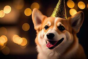 Happy Corgi dog in party with bokeh light background. Animal and pet concept. Generative AI photo