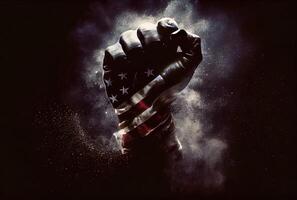 Raising clenched fist with American flag in the dark background. Patriotic and National day. Generative AI photo