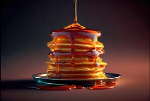 Buttermilk Pancakes in dish on the dinning table. Sweet dessert and recipe concept. Generative AI photo