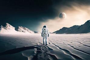 Back view of astronaut with moon in the outer space background. People and Science technology concept. Digital art illustration theme. photo