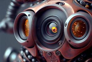 Closeup of yellow robot eyes with metallic structure background. Technology and Innovation concept. photo