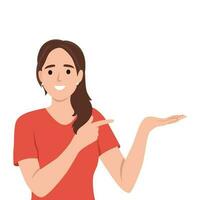 Smiling young woman point up at good deal or offer. Happy girl show with fingers up recommend good sale or discount. Copy space vector