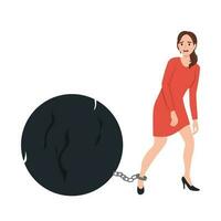 A woman trying to go with a huge weight of debt chained to his leg. Credit slavery concept. vector