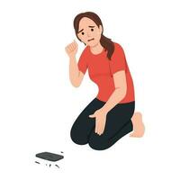 Sad woman crying because of broken mobile phone on floor. Stressed girl, smartphone with broken screen flat vector illustration. Technology, technology addiction concept for banner