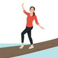 Woman participate in hike balancing on log thrown across river instead of bridge. Guy and two girls enjoy outdoor activities and hike in nature reserve with impenetrable terrain vector