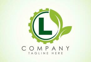 English alphabet L with gear and leaf. Eco technology logo, Green eco tech logo template design vector. Nature Industry vector