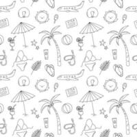 Summer seamless black and white doodles pattern. Vector vacation background. Funny hand drawn travel elements