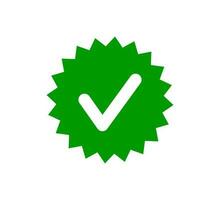 Check tick mark on wavy edge green circle sticker. Star burst shape tag with approved icon. Premium official account. Verify icon stamp. Vector illustration isolated on white background