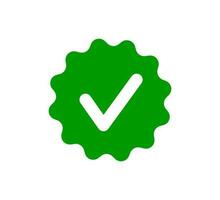 Check tick mark on wavy edge green circle sticker. Star burst shape tag with approved icon. Premium official account. Verify icon stamp. Vector illustration isolated on white background