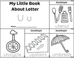 Logical printable worksheet alphabet beginning sounds flip book in black and white.Letter U, utensil, unicycle, upstairs, umbrella vector