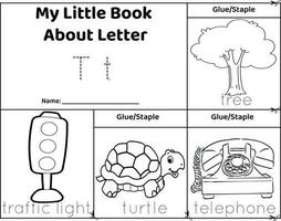 Logical printable worksheet alphabet beginning sounds flip book in black and white.Letter T, tree, traffic light, turtle, telephone vector