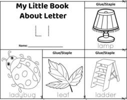 Logical printable worksheet alphabet beginning sounds flip book in black and white.Letter L, ladybug, leaf, ladder, lamp vector