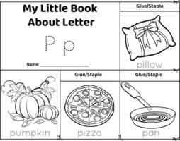 Logical printable worksheet alphabet beginning sounds flip book in black and white.Letter P, pumpkin, pizza, pan, pillow vector