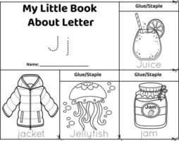 Logical printable worksheet alphabet beginning sounds flip book in black and white.Letter J, jacket, jellyfish, jam, juice vector