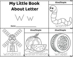 Logical printable worksheet alphabet beginning sounds flip book in black and white.Letter W, worm, windmill, watermelon, wheel vector