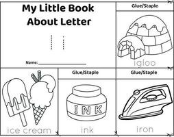 Logical printable worksheet alphabet beginning sounds flip book in black and white.Letter I, igloo, ice cream, ink, iron vector