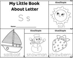 Logical printable worksheet alphabet beginning sounds flip book in black and white.Letter S, sun, sailboat, snowman, strawberry vector