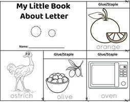 Logical printable worksheet alphabet beginning sounds flip book in black and white.Letter O, ostrich, olives, oven, orange vector