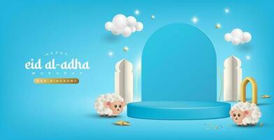 Eid greeting background decorated with podium and sheep vector